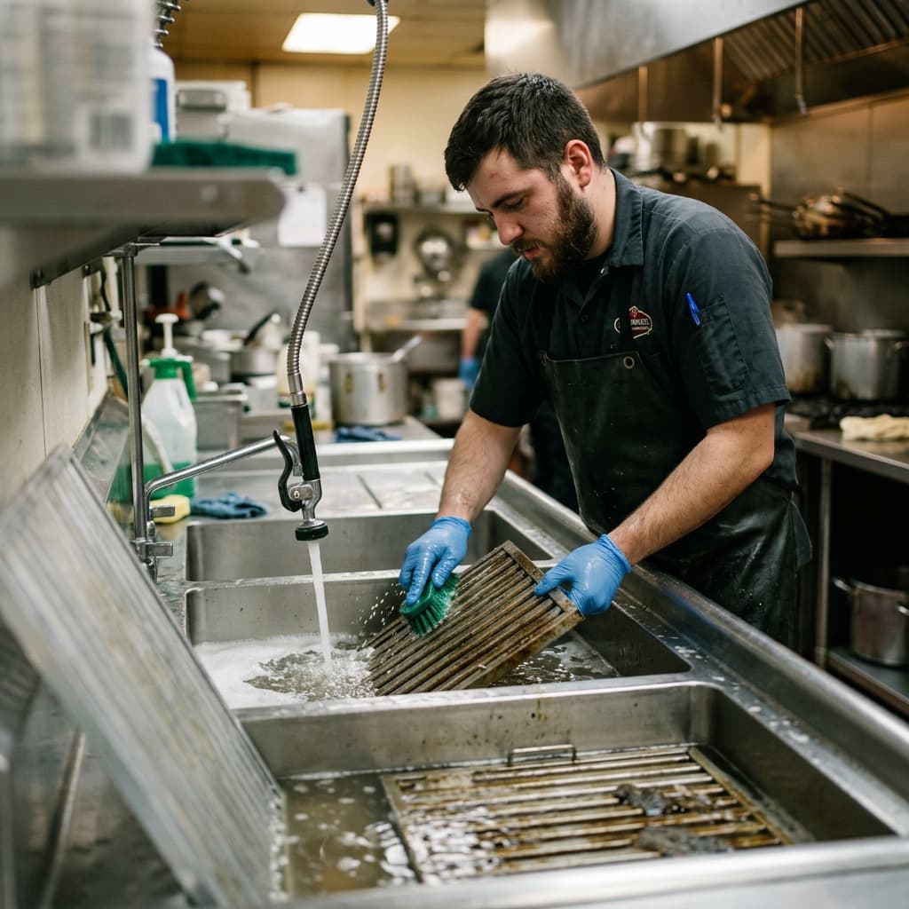 Cleaning-filters-in-sink Kitchen staff cleaning grease filters in a three-bay sink