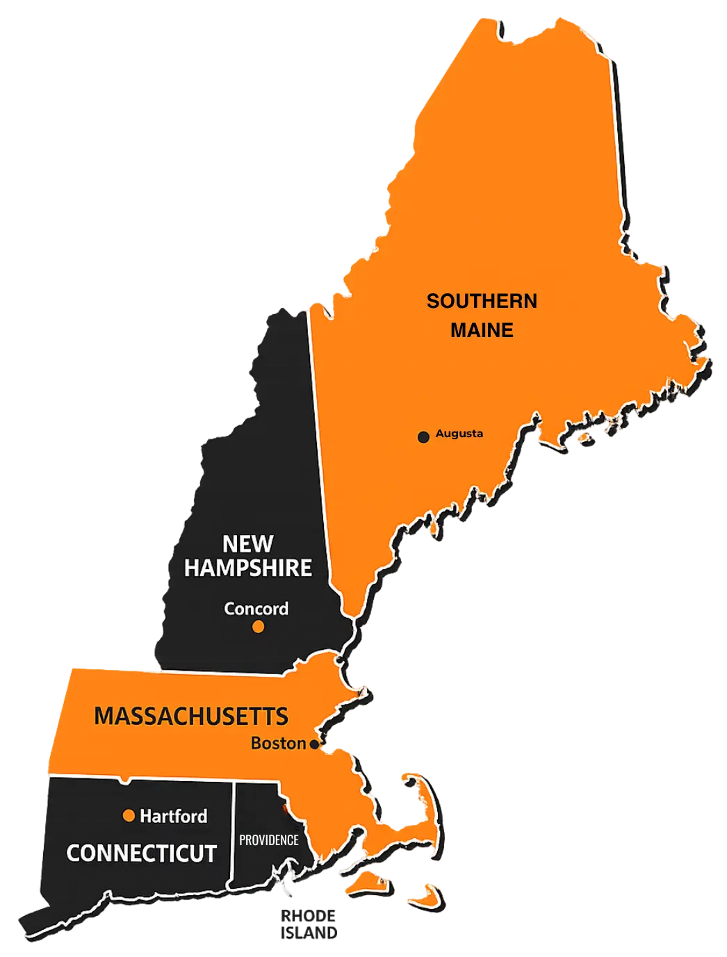 Service Area Map_Tiger Exchang Tiger Exchange service area map covering Massachusetts, Rhode Island, Connecticut, Southern Maine and the New Hampshire Seacoast