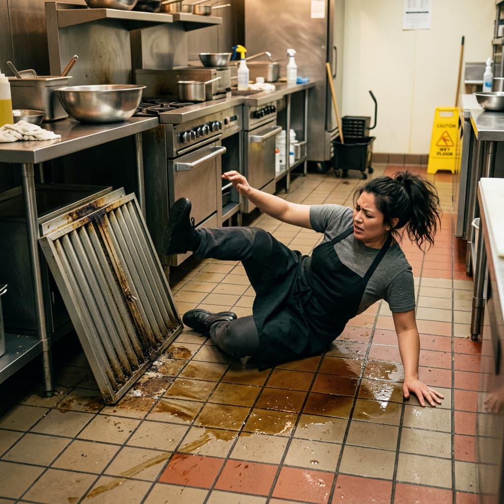 slip-and-fall-on-grease Wet kitchen floor showing slip-and-fall hazard from grease